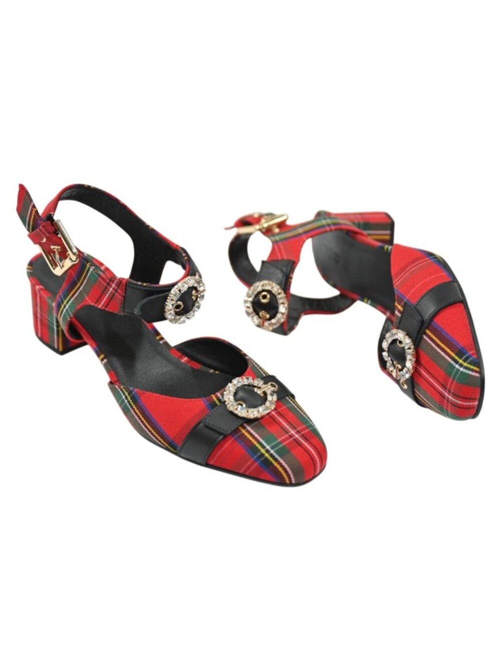 J.Crew Mollie Buckle-Strap Heels in Good Tidings Plaid Deep Ruby